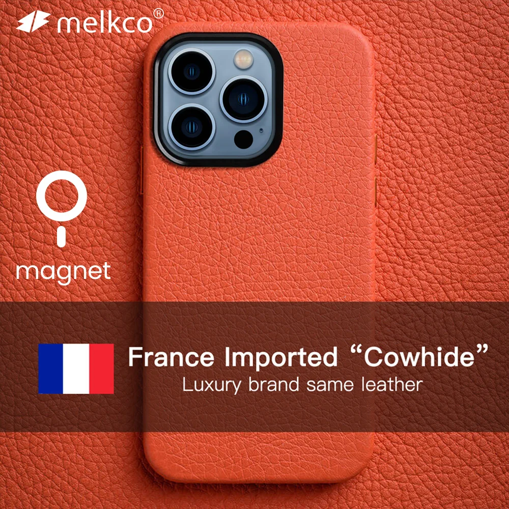 Melkco French Premium Magnetic Cowhide Case for iPhone 15 14 Pro Max Plus Luxury Brand Same Genuine Leather Fashion Phone Cover