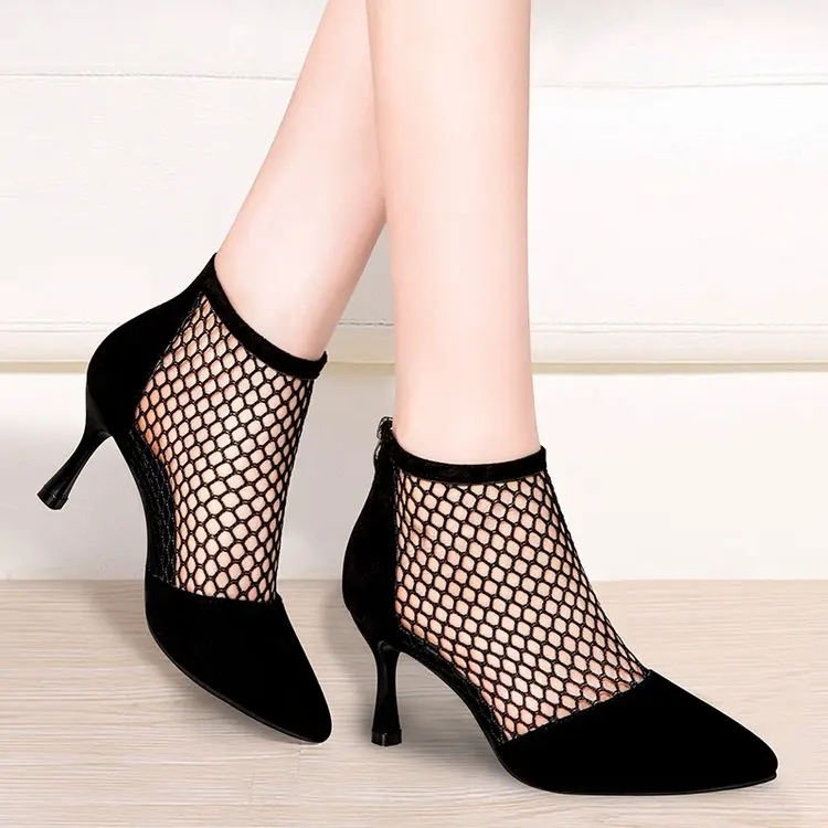 Summer Women High Heels Sexy Fishnet Ankle Boots Heels Suede Heels Pointed Toe Cool Sandals Boots Thin Heels Ladies Casual Shoes 