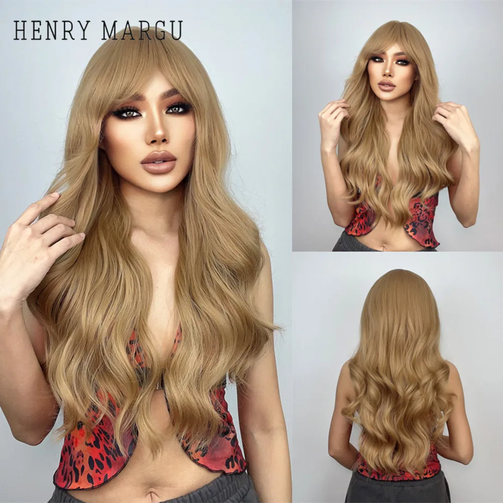 HENRY MARGU Golden Wig with Bangs Long Curly Wavy Wigs for Women Blonde Synthetic Wig for Daily Cosplay Fake Hair Heat Resistant henry margu blonde silky straight synthetic wigs with bangs medium long natural platinum wig for women cosplay heat resistant