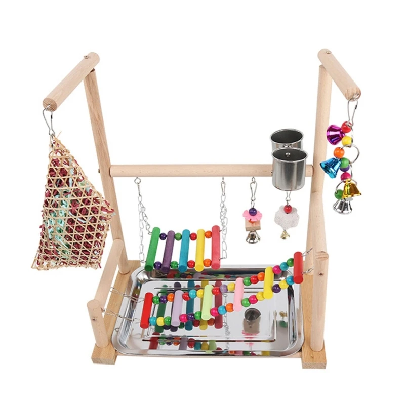

2023 New Bird Perch Stand Parrot Playground with Stainless Steel Tray Feeding Cups Ladder Swings Shredder Bell Chew Toy for Bird