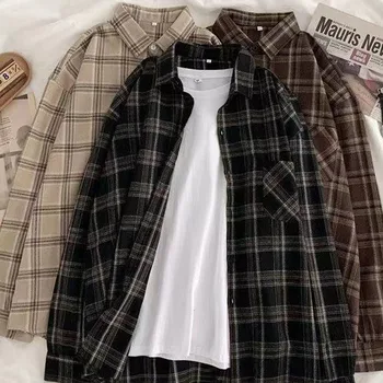 여성용 빈티지 체크무늬 셔츠, 긴 소매 오버사이즈 블라우스, 버튼업 상의, 한국 루즈핏 캐주얼 아웃웨어, 가을