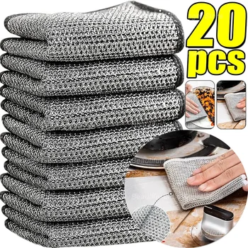 20/5pcs Panno di Pulizia del Filo di Acciaio Addensato Non-Graffio Doppio Strato di Ferro In Microfibra Maglia Dishrag Lavaggio Pentola Stracci Asciugamano Da Cucina 1
