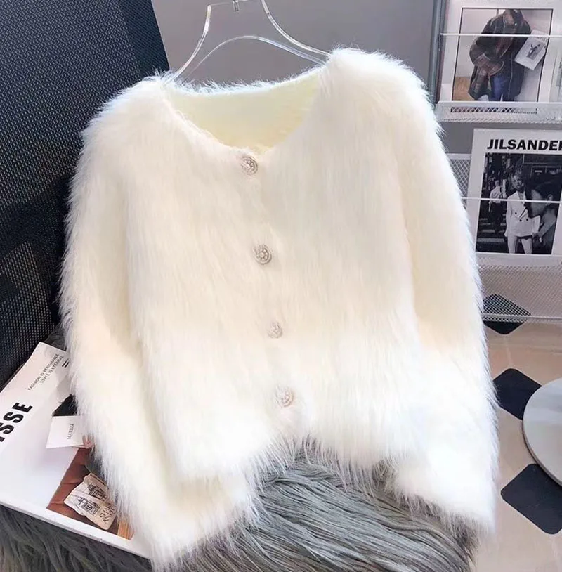 Cropped White Knitted Cardigan Women Korean Mink Cashmere Sweater Outerwear Black Long Sleeve Knitwear Winter Jumpers New