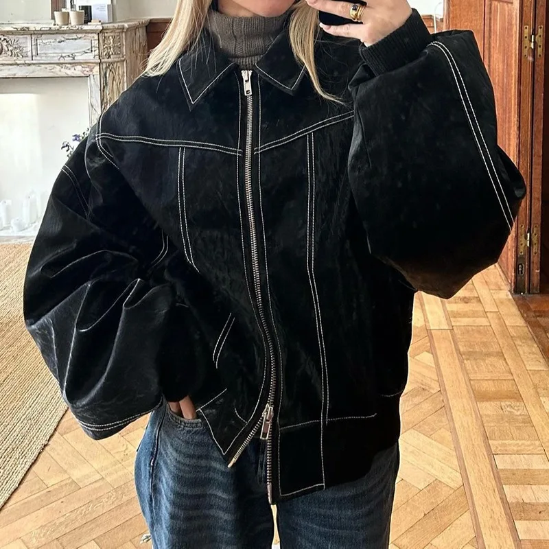 Vintage Solid Lapel Collar Zipper Women's Leather Jacket Casual Fashion Lapel Long Sleeve Coat 2024 Autumn Winter Outwear Tops