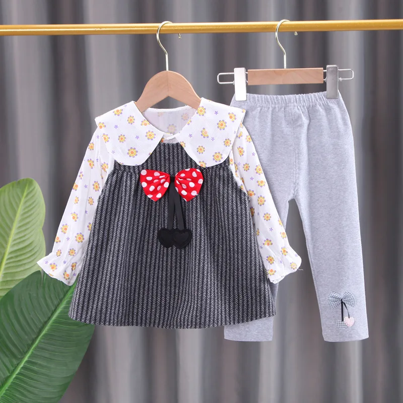 

Cute Bowknot Baby Clothing Spring Autumn 3pcs Matching Set Cotton Floral Kids' Clothes Shirt Top Pant Sets for Girls 0 To 4 Year