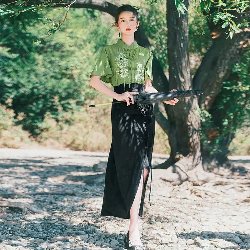 Summer Fashion Set Qipao Women's Ethnic Style Embroidery Shirt High Waist Slim Half Skirt Hanfu Chinese Traditional Clothing Set