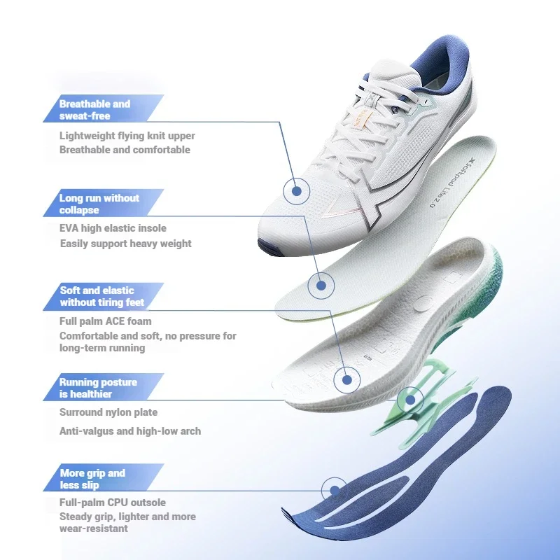 エクイップ Xtep Light Joy 2 Men's Running Shoes 2025 Spring Shock-absorbing