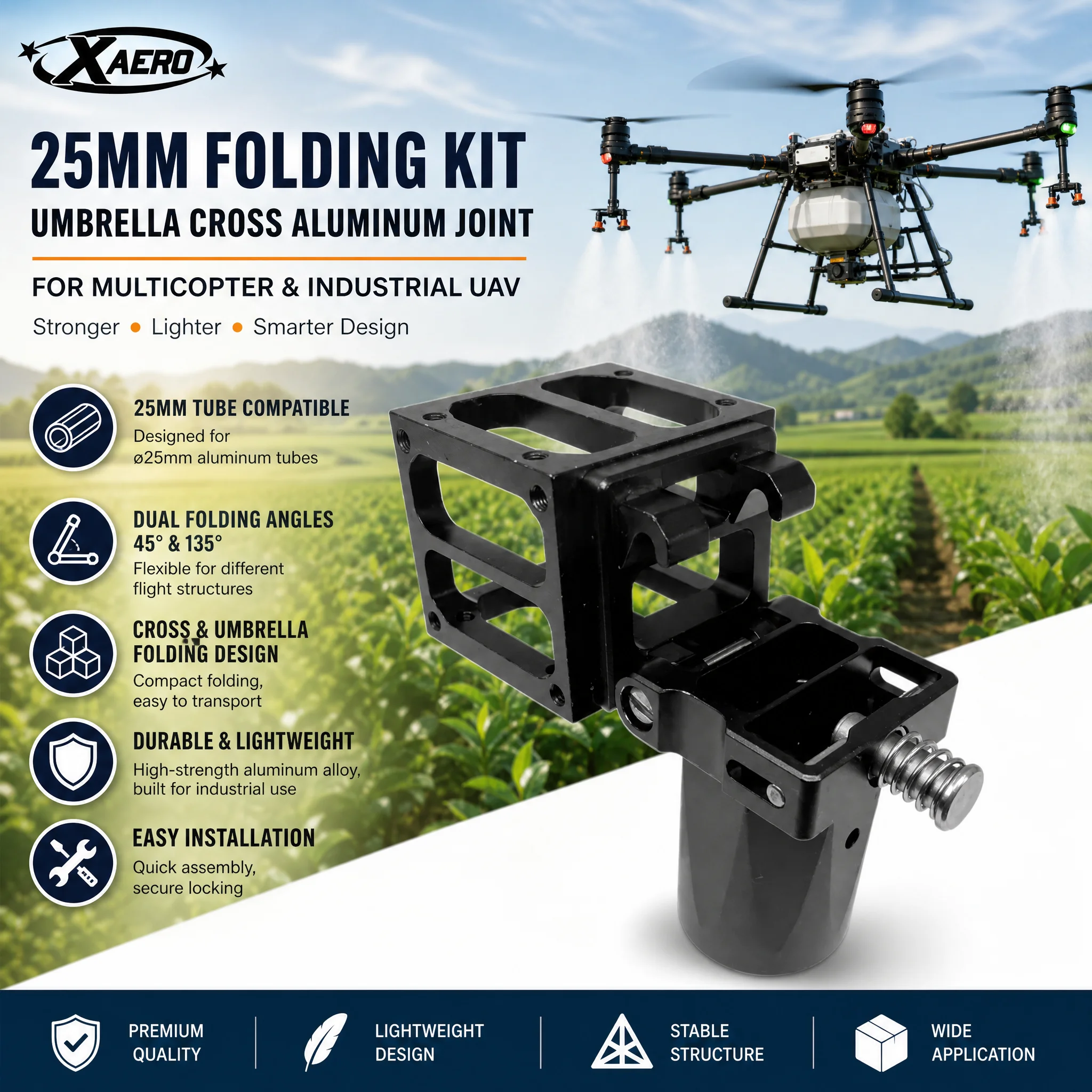 XAERO 25mm Faltbares Umbrella-Cross-Aluminiumgelenk-Kit für Multicopter, Industrie- und Landwirtschafts-UAVs
