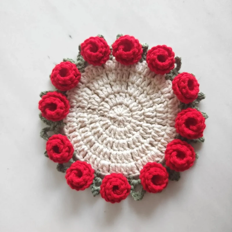 1 PC Handmade Yarn Crochet Rose Coasters, Finished Insulation Pads, Desktop Ornaments, Creative Crochet Holiday Gifts