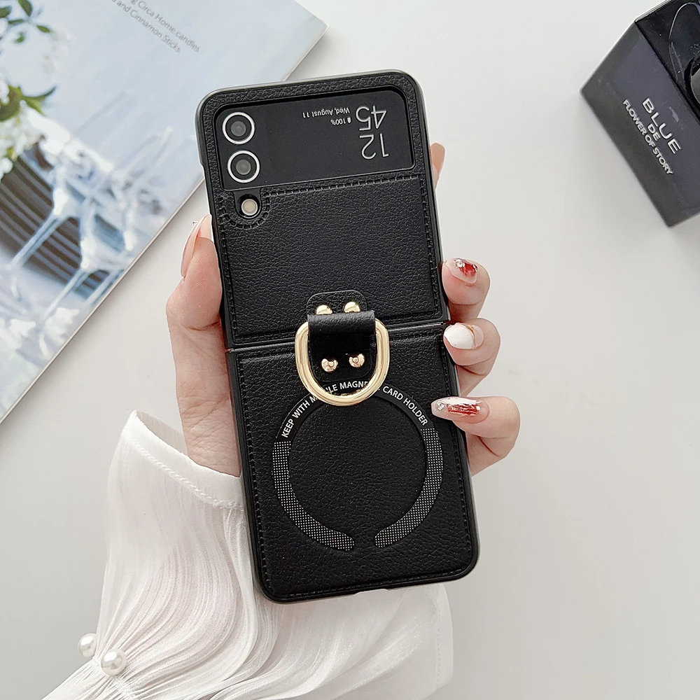 Premium PU Leather Magnetic Phone Case with Ring Holder and Magsafe Wireless Charging Compatibility