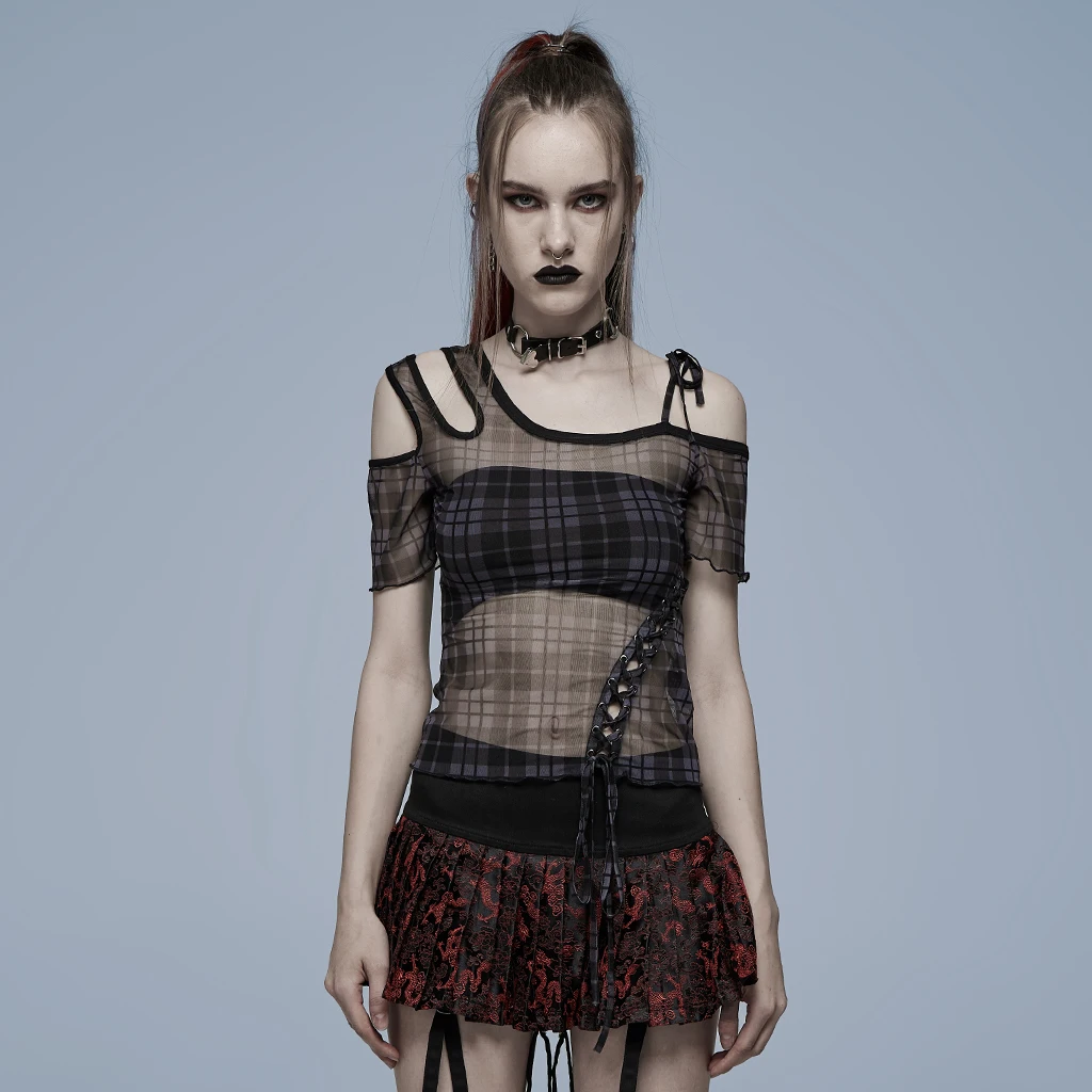 

PUNKRAVE Women's T-shirt Daily Punk Plaid Mesh Tops Sexy Perspective Slim Fit Asymmetric Neckline Short Sleeve Shirt