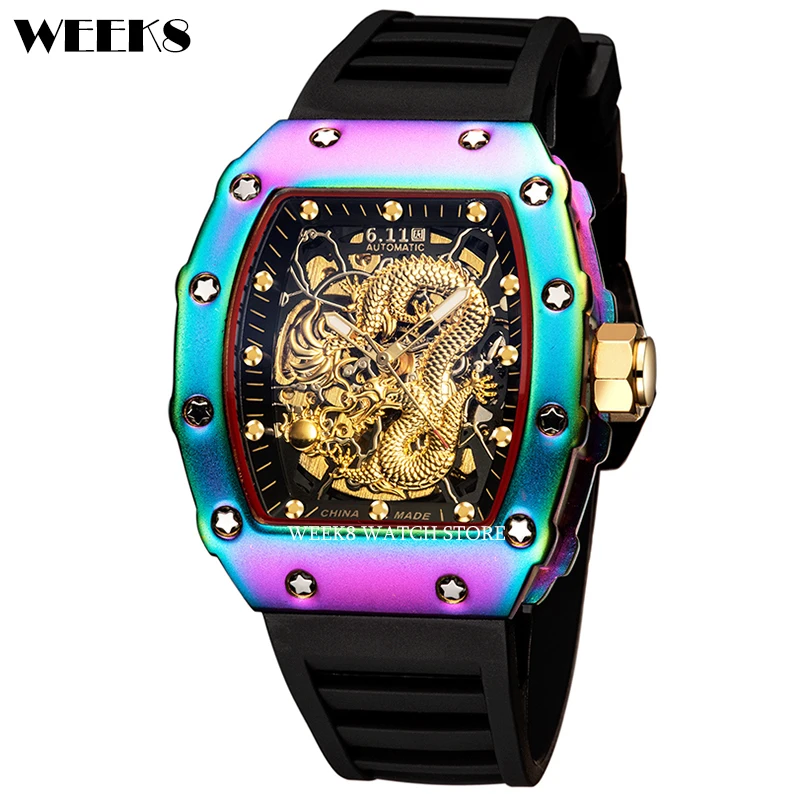 Luxury Automatic Mechanical Watch Famous Top Brand Men Hip Hop Mens Gold Watches Male Tonneau Clock Hombre Relogio Masculino