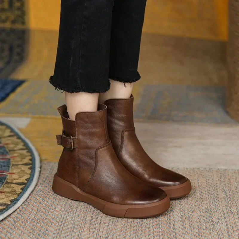 Winter Women's Shoes Leather Casual Flat Ankle Boot Female Platform Short Booties 2023 New Retro Boots for Women Autumn