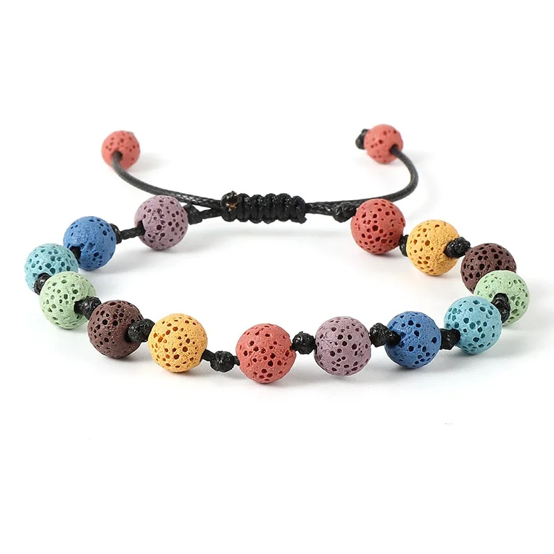 

10pcs Colored Lava Stone Ethnic Bracelet Hand Weaving Adjustable Bracelets For Women Men Jewelry