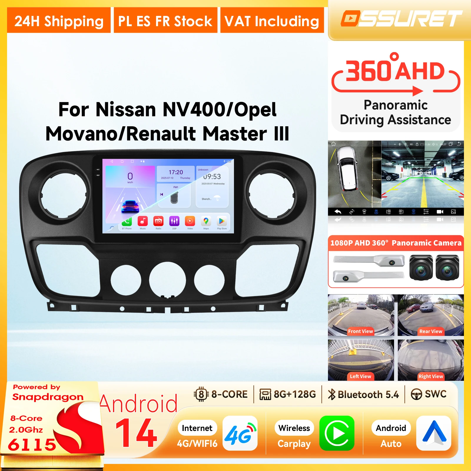 Radio para Auto con Carplay Inalámbrico de 10.1 Pulgadas, Android 14, para Nissan NV400, Opel Movano, Renault Master llI 3 2011-2021, Reproductor Multimedia, Cámara 360, Pantalla, Navegación GPS, Audio Estéreo, Unidad Principal 6115 de 8 Núcleos, Sistemas Inteligentes para Auto 1