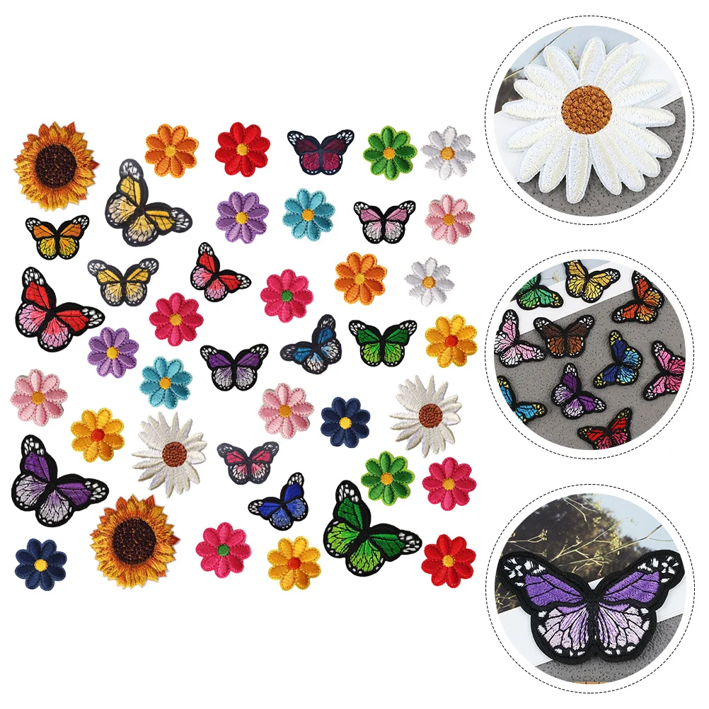 

42 Pcs Butterfly Flower Patch DIY Clothing Stickers Cartoon Shape Patches The Flowers