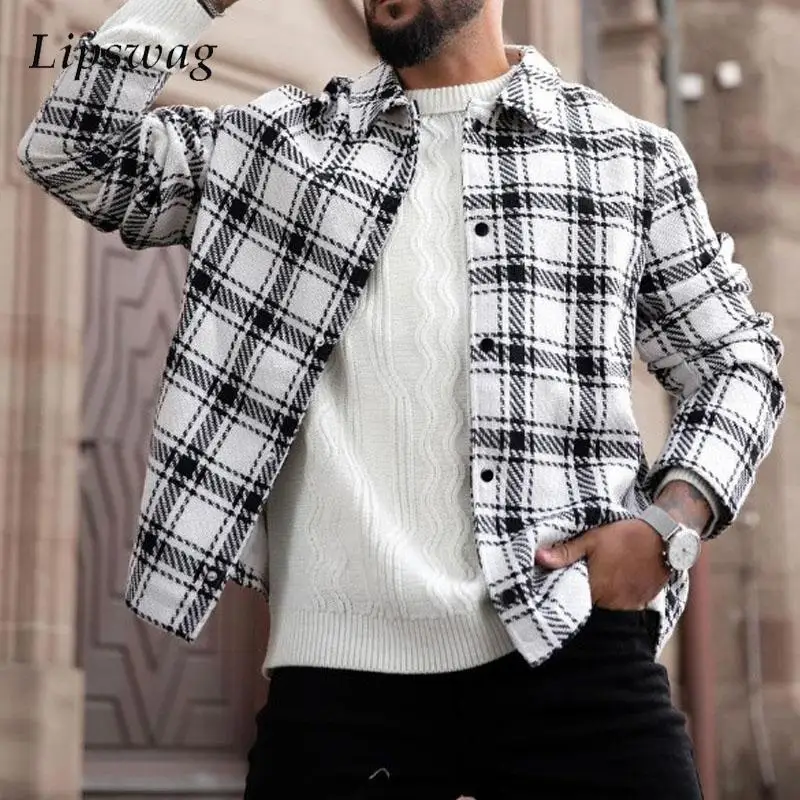 

New Fashion Plaid Print Woolen Shirt Jacket Men Casual Pockets Patchwork Cargo Coats Mens Autumn Vintage Lapel Buttoned Jackets