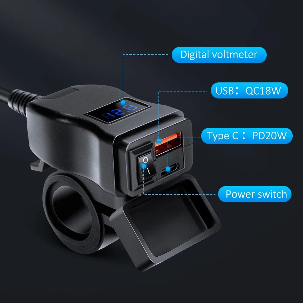 Anchtek Waterproof Motorcycle Charger Adapter with USB PD Quick Charge 3.0 and Switch