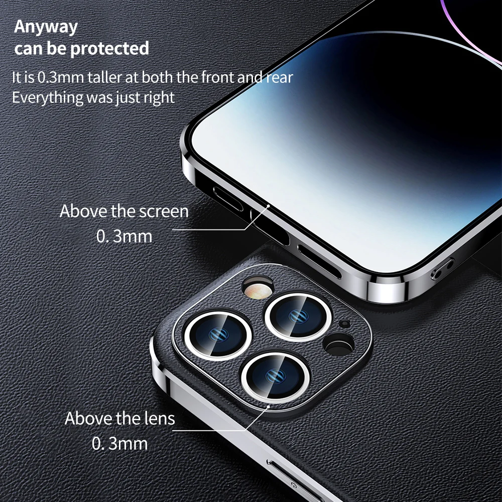 Luxury Genuine Cowhide Leather Phone Case with Full Lens Protection and Elegant Plating Design