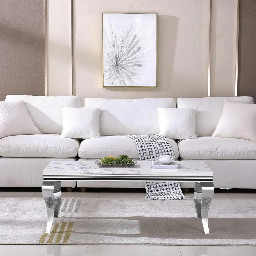 47 Inch Coffee Table, Faux Marble Coffee Tables, Rectangular Living Room Tables, Elegant Side Table with Stainless Steel 4