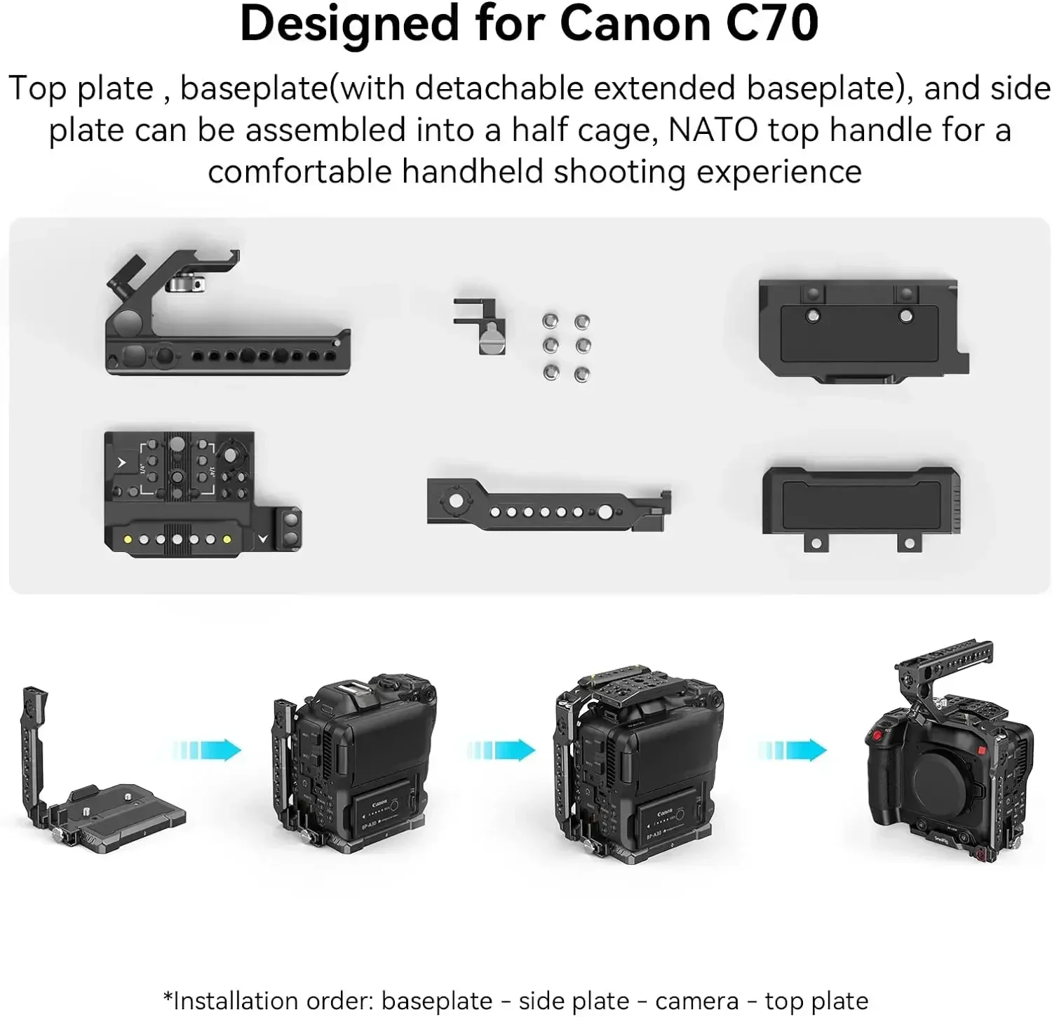 2026 스몰리그 카메라 케이지 핸드헬드 키트 (캐논 EOS C70용, NATO 탑 핸들 및 위치 지정 구멍 포함)
