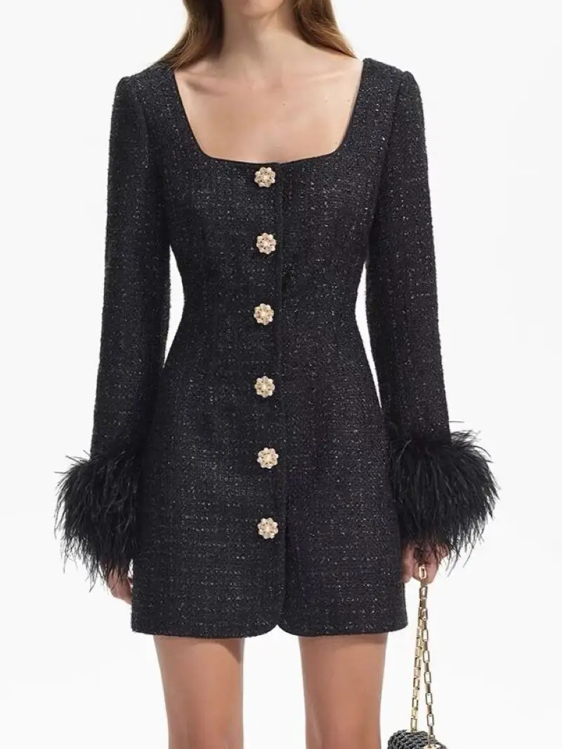 

Women Tassel Long Sleeve Square Collar Diamond Buttons Elegant Tweed Mini Dress