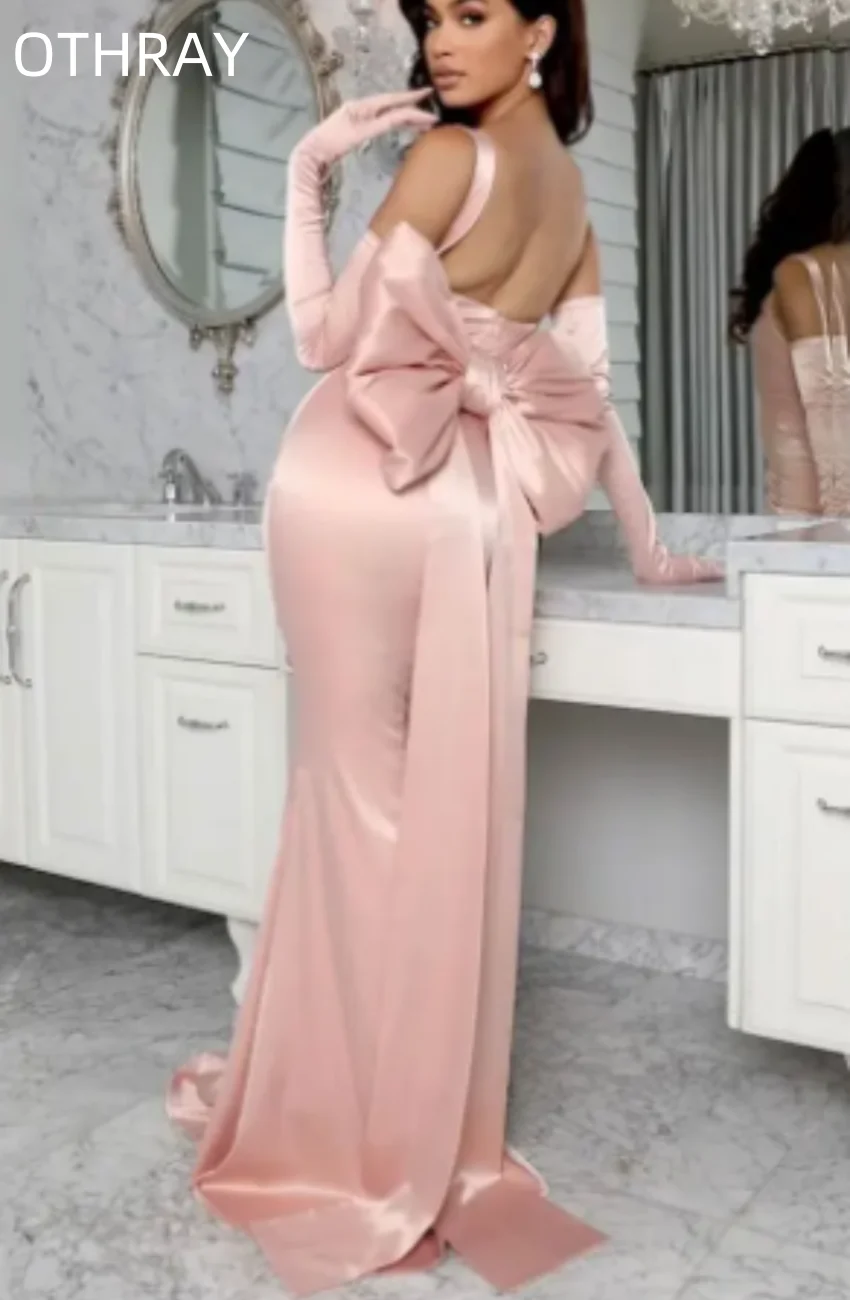 

Women Elegant Satin Back Bow Prom Gown Second Reception Birthday Pageant Dress No Gloves 2024 Blush Pink Mermaid Evening Dresses