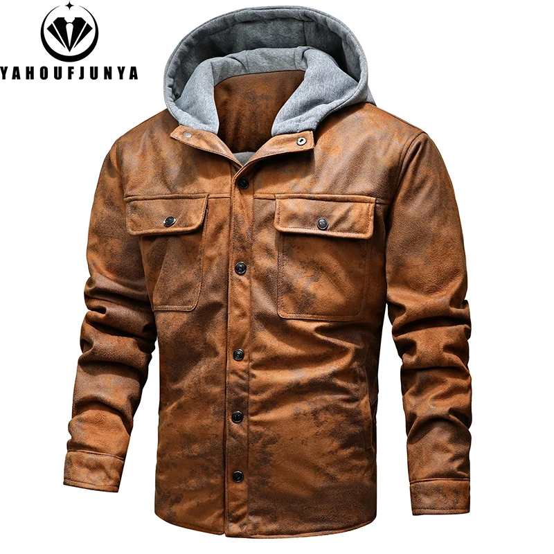 

Men Winter Outdoor Leisure Windproof Warm Hooded Leather Jacket Men PU Solid Color High-Quality Design Leather Jacket Male Coat