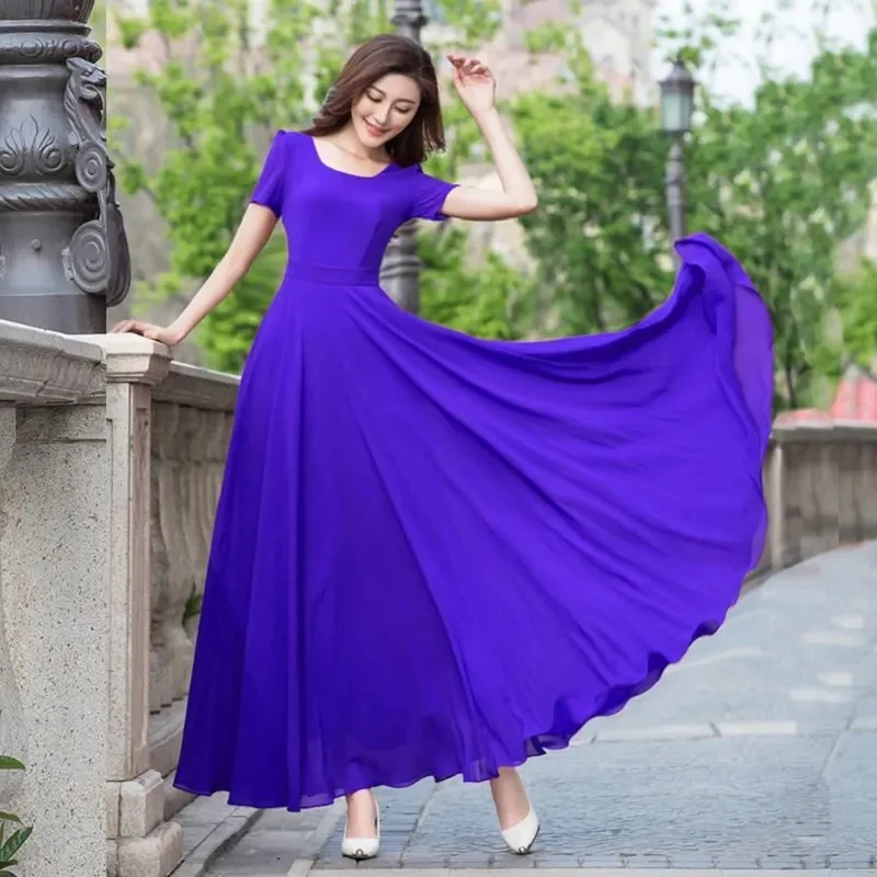 Fashion Long Skirt Summer Dress Women 2024 New Korean Temperament Chiffon Slim Fit Beach Large Hem Skirt Super Long Style Female