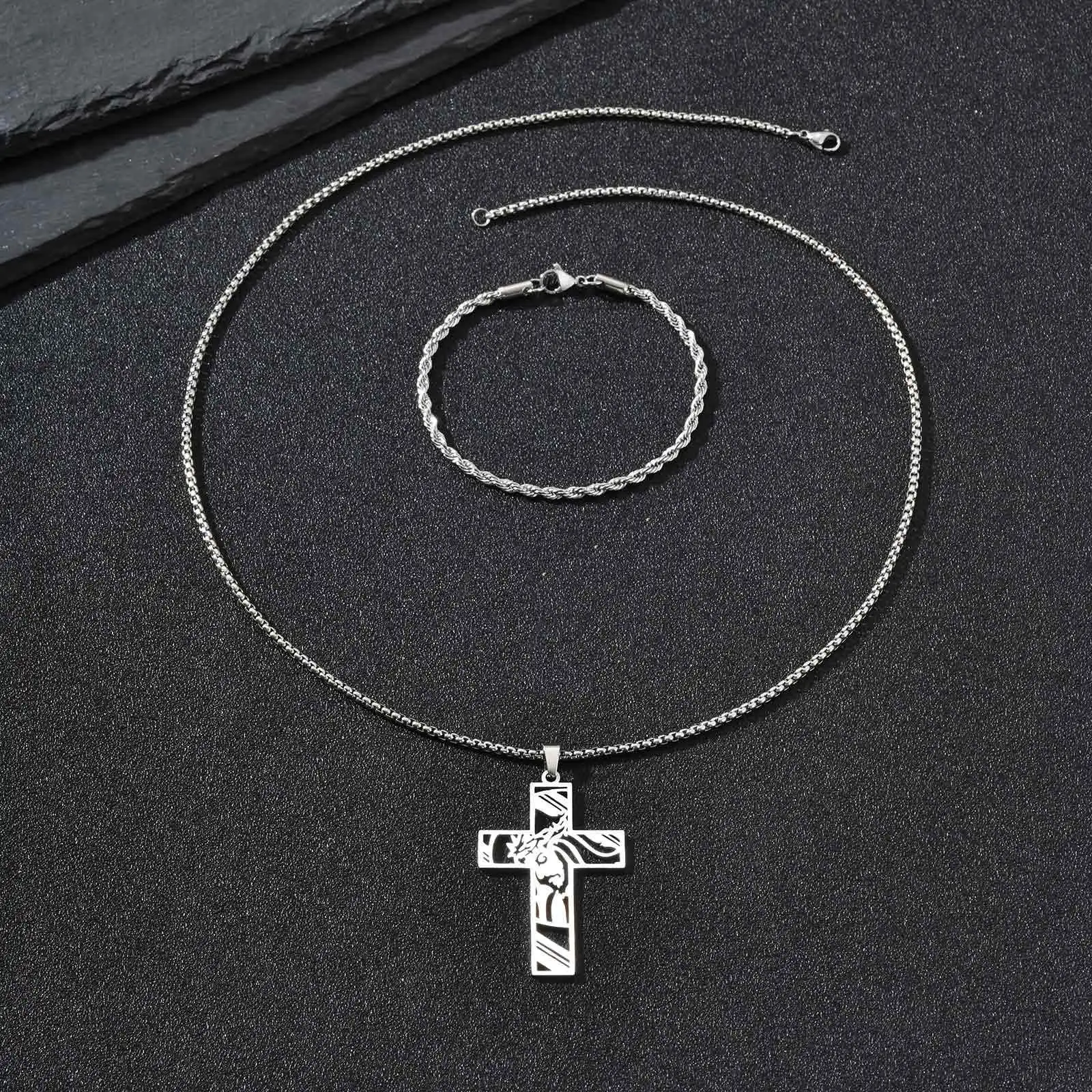 Vnox 2-teiliges Set Herren-Anhänger-Halskette und Armband, Schwarz-Gold-Silber-Farbe Edelstahl-Schmuckset, Trendige Schmuckgeschenke – Detail 28