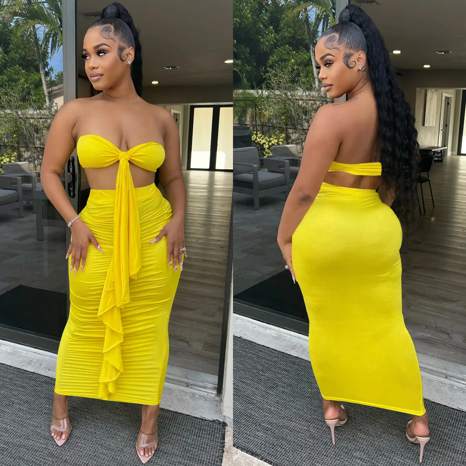 

Solid Two-piece Set Women's Bowt Wrap Chest Crop Top And Pleated Long Skirt Suit Sleeveless 2 Piece Ladies Set Party Club Beach