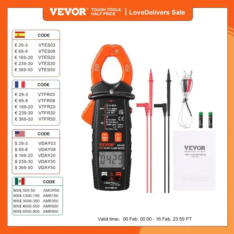 Vevor Pinza Amperometrica Multimetro Digitale Trms Lettura Max. 5999 Corrente Ca 60A / 600A Temp. -20? A 1000?, Pinza Di Amperometro Misuratore Di Cor