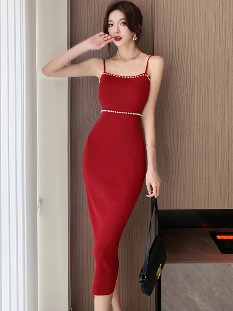 2024 Red Chic Beading Elegant Sling Long Dress Women Luxury Sexy