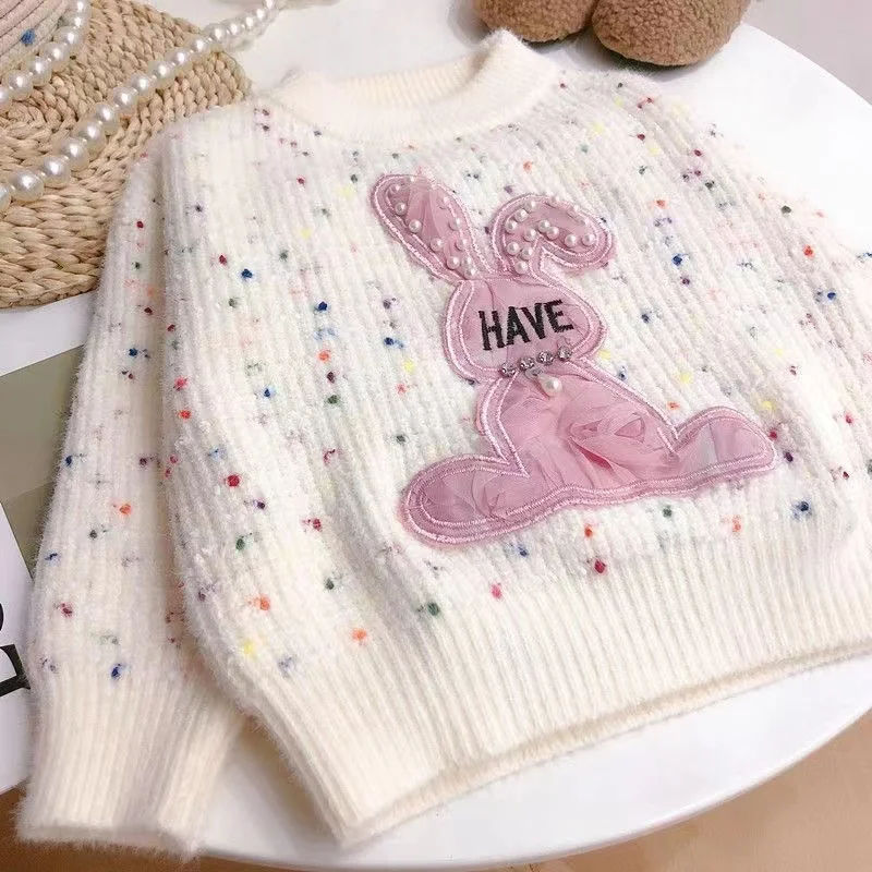 

2024 Girl s Latest Pink Rabbit Children's Fashionable And Cute Sweater Cartoon Bead Rabbit Girl Sweater Girl Knitwear