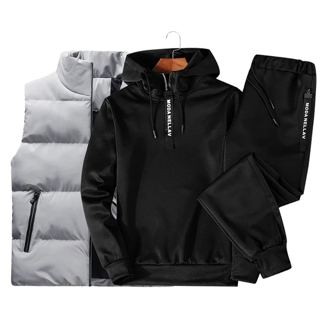 Men Tracksuit Outfit Sweat Suit New Winter Men's Clothing Men Sets 3 Pieces Vest Hoodie Set Fleece Zipper Casual Sport Sweatpant 26