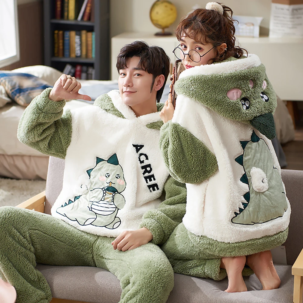 Thicken Flannel Hooded Warm Pajamas for Couples Cute Cartoon Dinosaur Women's Pajamas Set Men's Winter Sleepwear for Sleeping