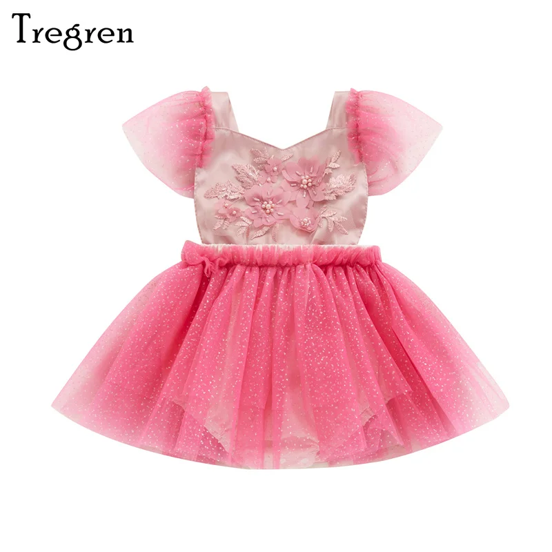

Tregren 0-24M Cute Newborn Infant Baby Girl Romper Dress Summer 3D Flower Mesh Short Sleeve Jumpsuit Birthday Party Clothing