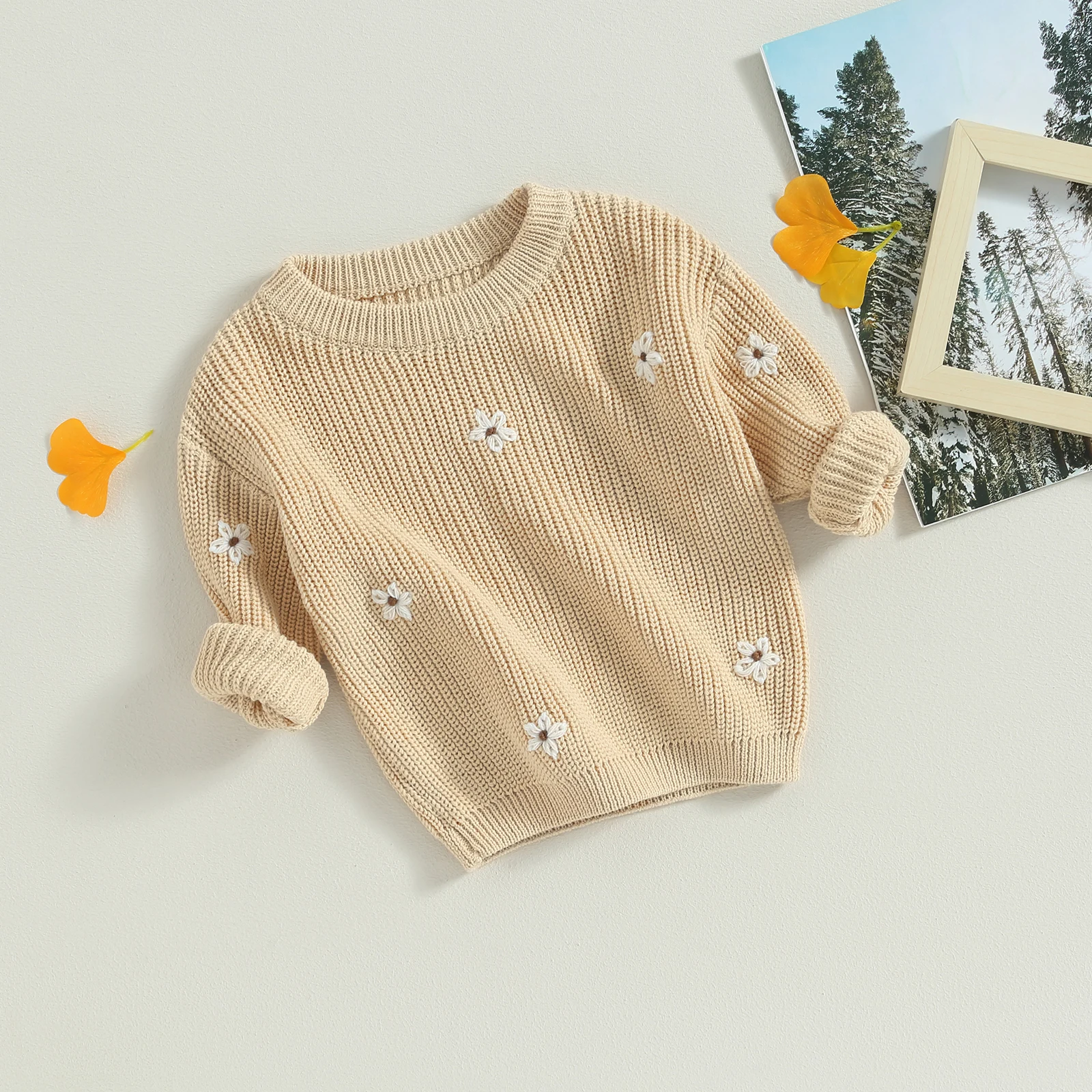 Infant Newborn Baby Girl Sweater Long Sleeve Crew Neck Flower Winter Warm Knit Pullover Sweater Infant Clothes 0-24M