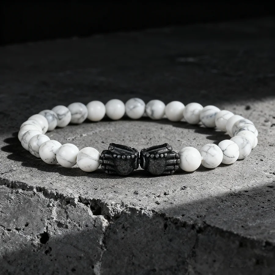 Men Viking Bracelet Lava Obsidian Stone Beaded