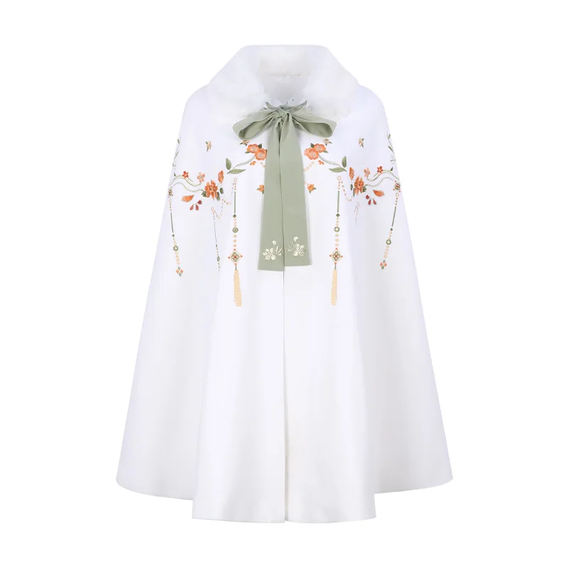 Fleece-Lined Woolen Embroidery Cloak Robe Women's Han Chinese Clothing All-Matching Autumn and Winter