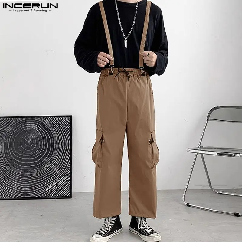 

2023 Men's Cargo Pants Jumpsuits Solid Drawstring Streetwear Straps Rompers Loose Pockets Fashion Casual Overalls S-5XL INCERUN