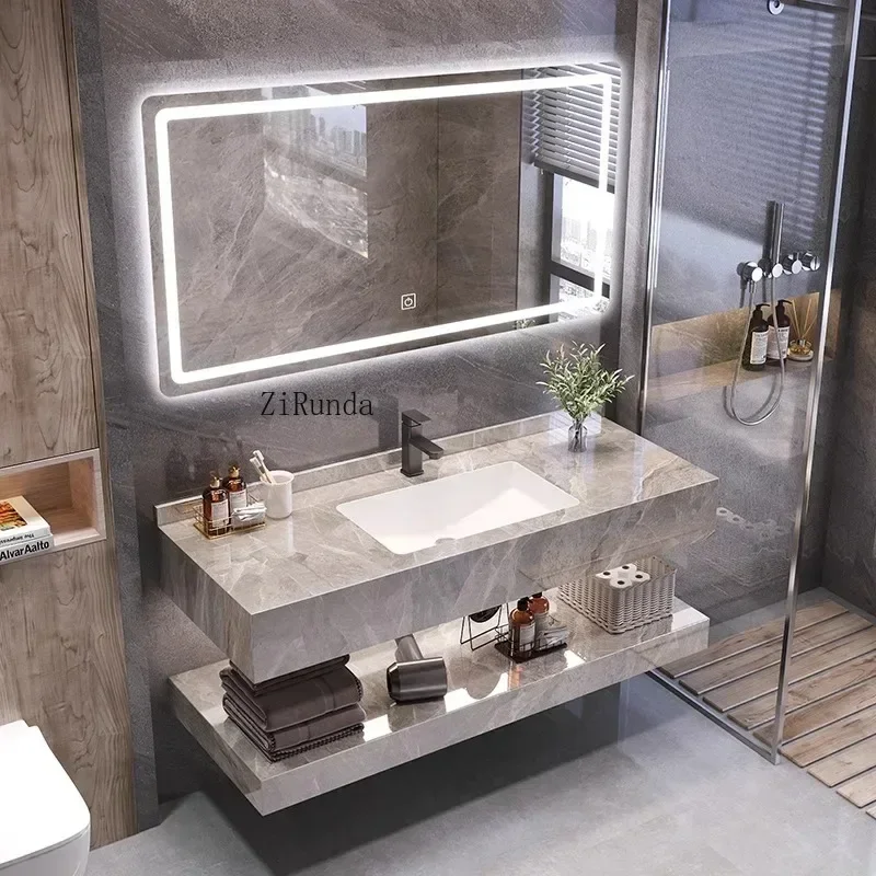 Hotel Smart Bathroom Cabinet Rock Plate Ceramic Seamless Integrated Basin Mirror Cabinet Fashion Simple Furniture Шкафы FYBC