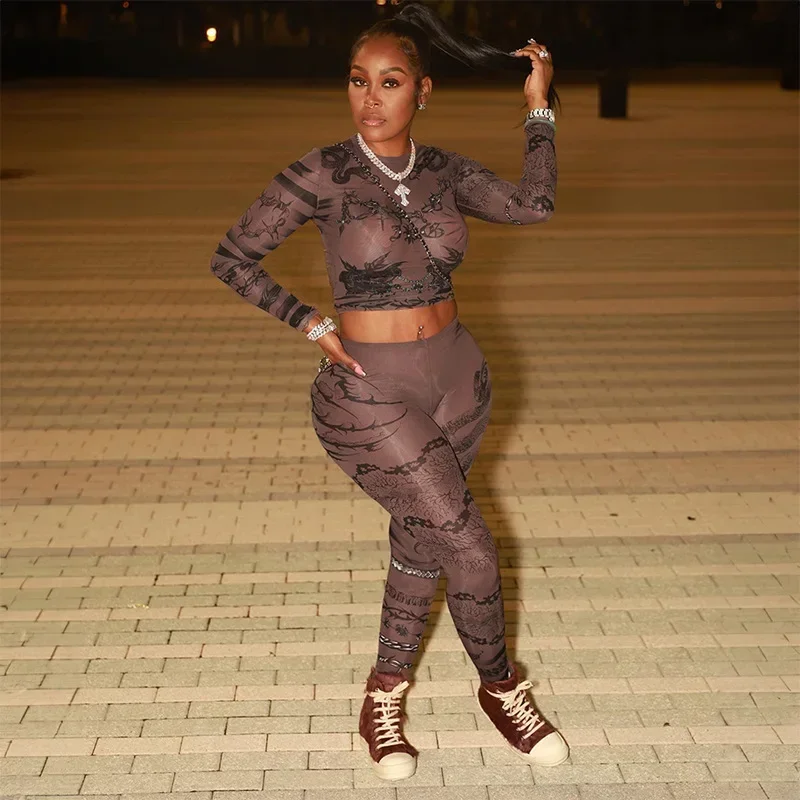 Fashion Y2K Mesh Sexy 2 Piece Sets 2023 Women Fall Clothes Club Party Elegant Bodycon Printed Bodysuit Crop Tops Two Piece Set