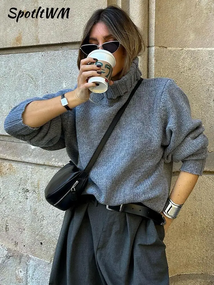 

Women Casual Solid Knitted Pullover Fashion High Neck Autumn Street Gray Sweater Female Vintage Elegant Warm Knit Outerwear 2023