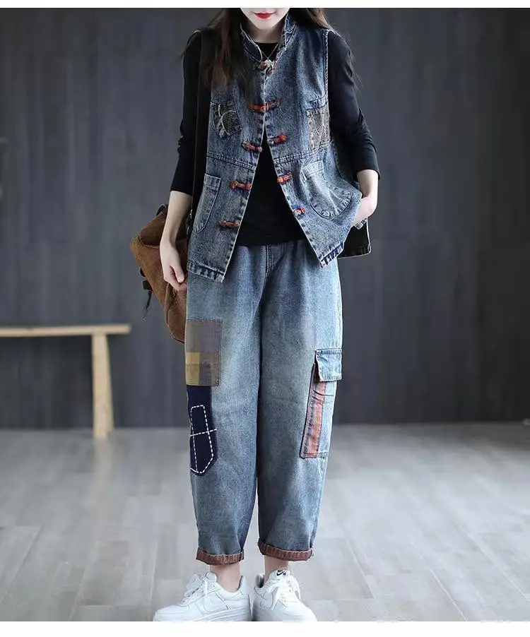 Women's Denim Vest Cotton Spring and Summer Short Plus Size Vest Chinese Style Retro Korean Fashionable Sleeveless Jacket Women
