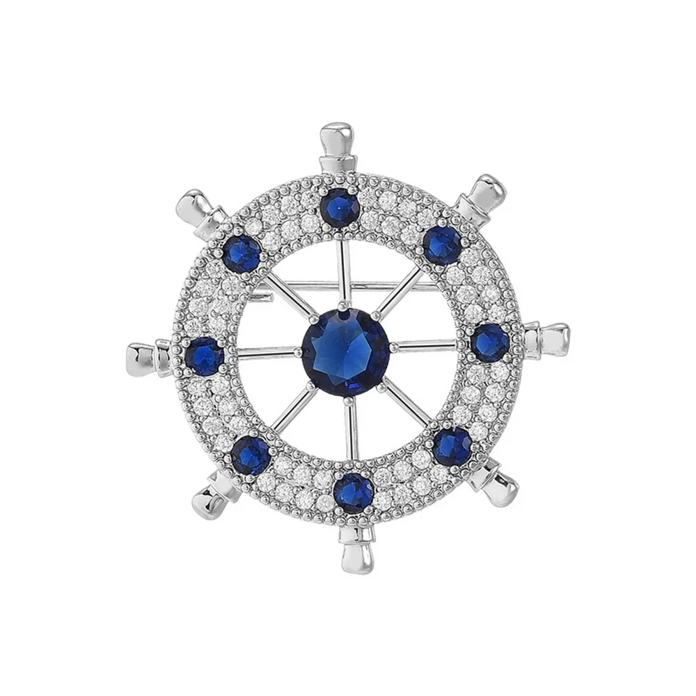 New Blue Crystal Rudder Brooch for Women Men Suit Shirt Badge Lapel Pins Personalized Jewelry Clothing Coat Accessories Gifts