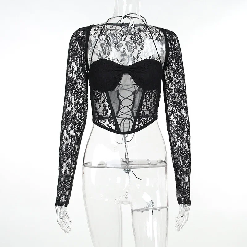 AKYZO Women's Sexy Lace Mesh 2 Piece Sets Long Sleeve Girdle Halter Tops See Through Trousers Party Club Outfits Fall Clothing
