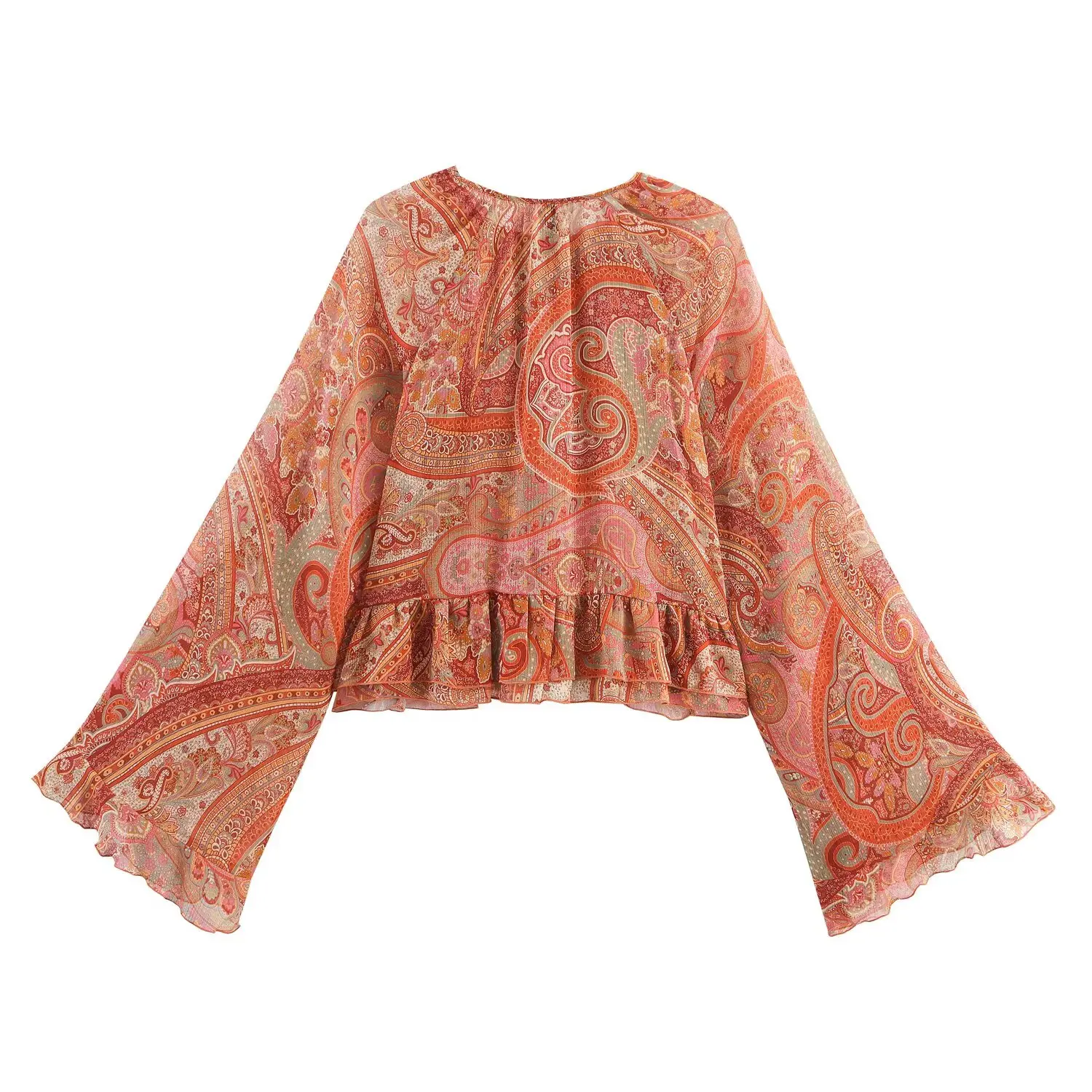 TFAFXY Damen-Bluse, lässig, schick, Blumendruck, Rüschen, ausgestellte Ärmel, neue Mode, Frühling und Herbst, Urlaubsblusen – Detail 3