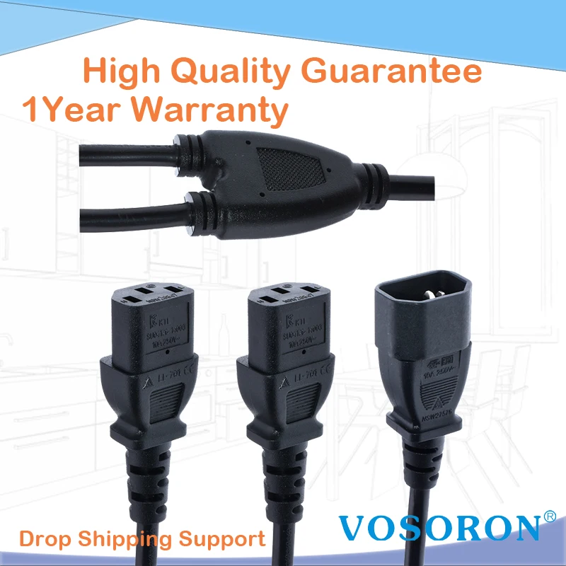 IEC 320 C14 3Pin Male to 2 x C13 Female Y Split Power Cable ,C13 C14 Power Cord Server UPS Power