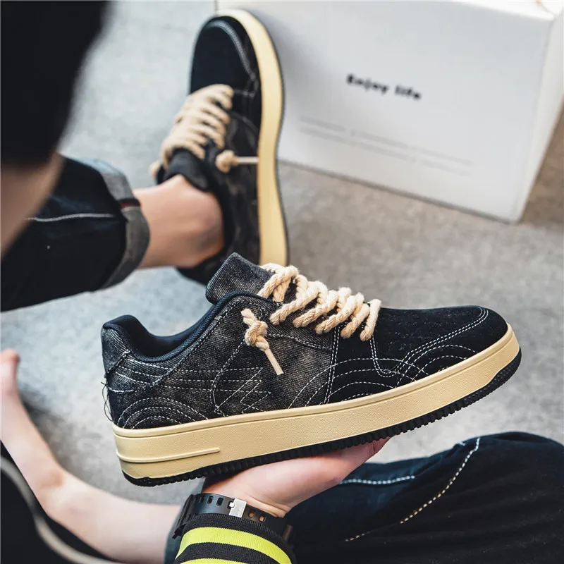 Brand Breathable Men's Casual Shoes Washed Denim Trendy Shoes Fashion Retro Low Cut Lace-up Men Designer Shoes Men Sneakers
